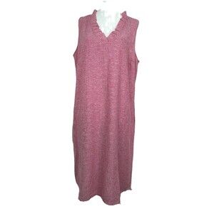 Susan Graver Paris Sleeveless Pink Chambray Midi Dress Ruffle Collar Chic -M